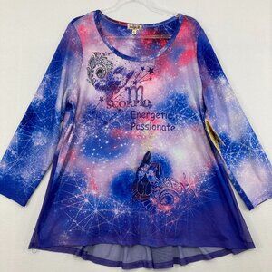 New One‎ World size 2X Purple Blue Zodiac Galaxy Boho Stretch Pullover Top